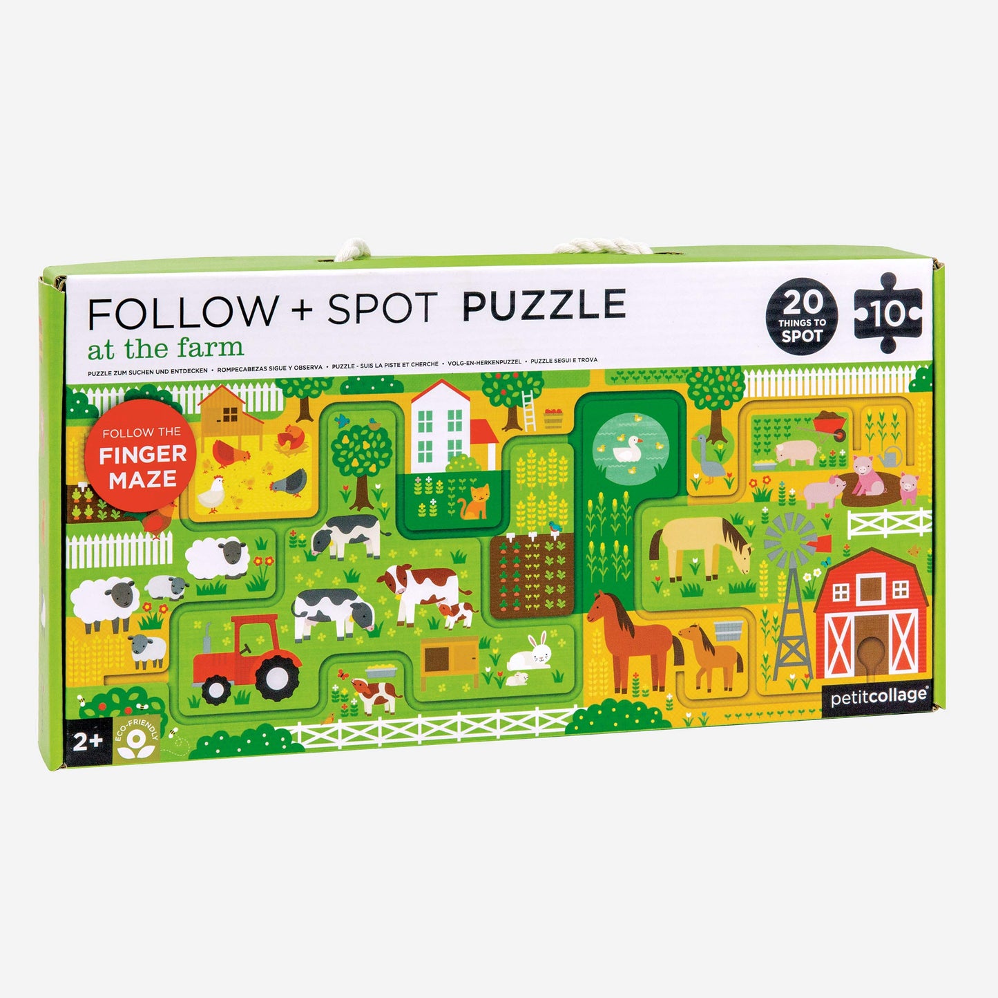 Petit Collage Follow + Spot Puzzle, At The Farm, 10-Pieces – Large Puzzle For Kids, Completed Educational Puzzle Measures 21”X 8.5” – Makes A Great Gift Idea For Ages 2+