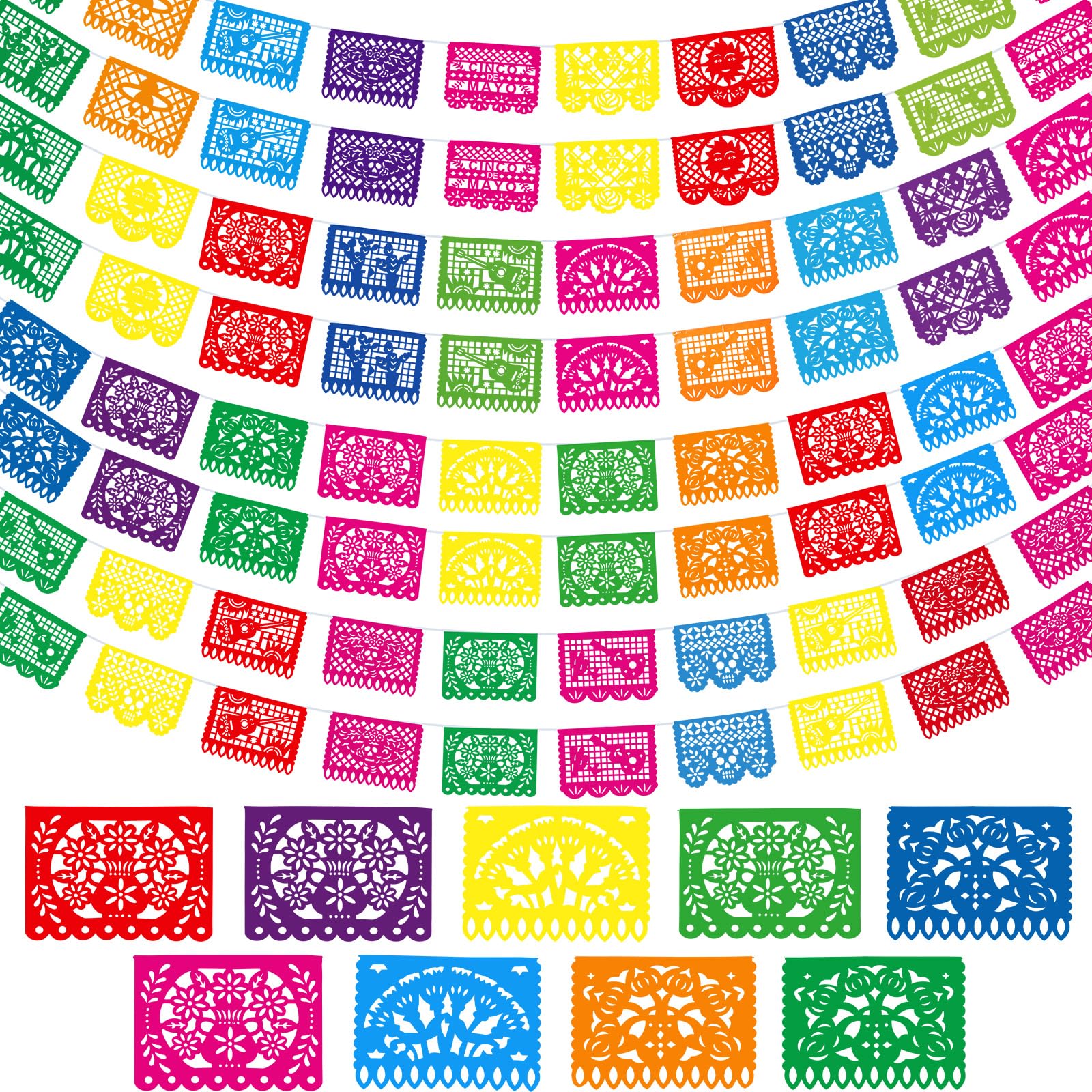 Boao 8 Packs 120 ft Mexican Party Decorations Fiesta Banner Plastic Papel Picado Banner Garland Cinco De Mayo Decor Dia De Los M