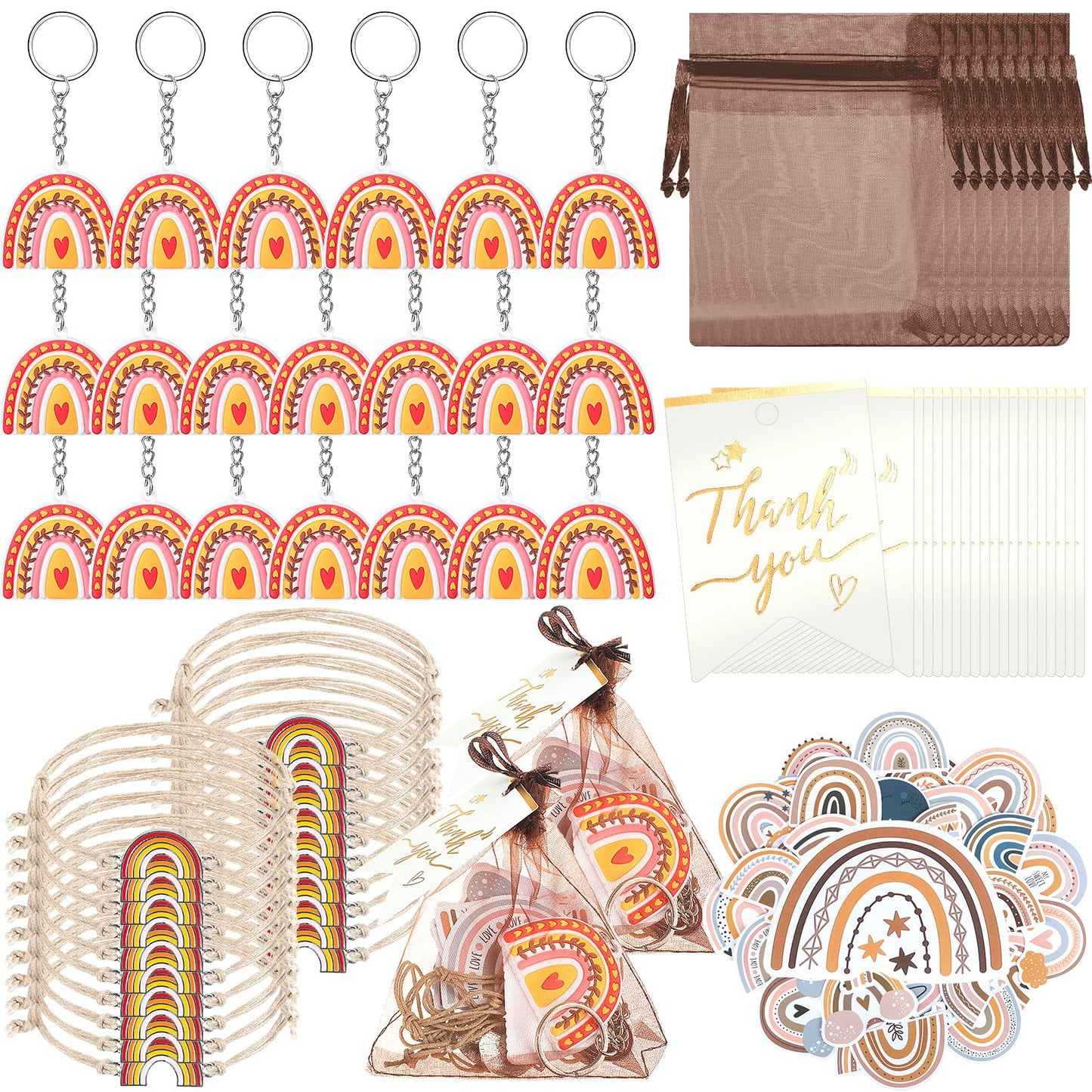 Tuanse 130 Pcs Rainbow Party Favors Including 20 Bohemia Bracelet 20 Rainbow Keychains 50 Stickers 20 Organza Bags 20 Thank You 