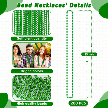 200 Pcs Beaded Necklaces, 33'' Mardi Gras Beads, St Patricks Day Bead Necklace, Green Accessories Parade Throws Bulk For Baby Sh