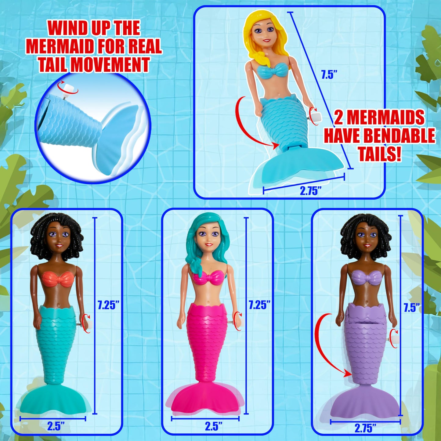 Kiddie Play Mermaid Toys - 4 Pc Wind-Up Mermaid Dolls Bath and Pool Swim Toys for Kids Toddlers, Mermaids Gifts for Girls