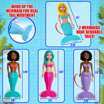 Kiddie Play Mermaid Toys - 4 Pc Wind-Up Mermaid Dolls Bath and Pool Swim Toys for Kids Toddlers, Mermaids Gifts for Girls