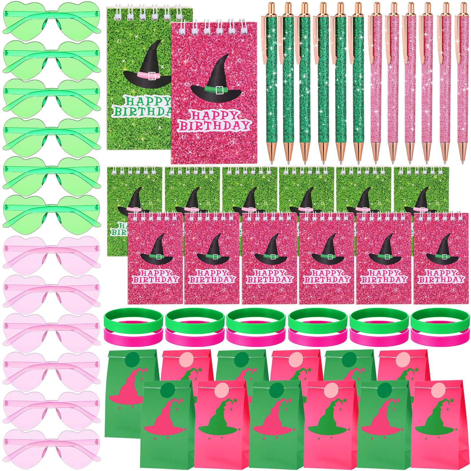 Saypacck 60 Pcs Witch Party Favors Pink and Green Gift Set Mini Spiral Notebooks Glitter Ballpoint Pens Heart Shaped Sunglasses 
