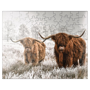 MyPuzzle Hairy Scottish Highland Cattle in A Winter Landscape - enhanced 100 Piece Jigsaw Puzzle for mature-themeds