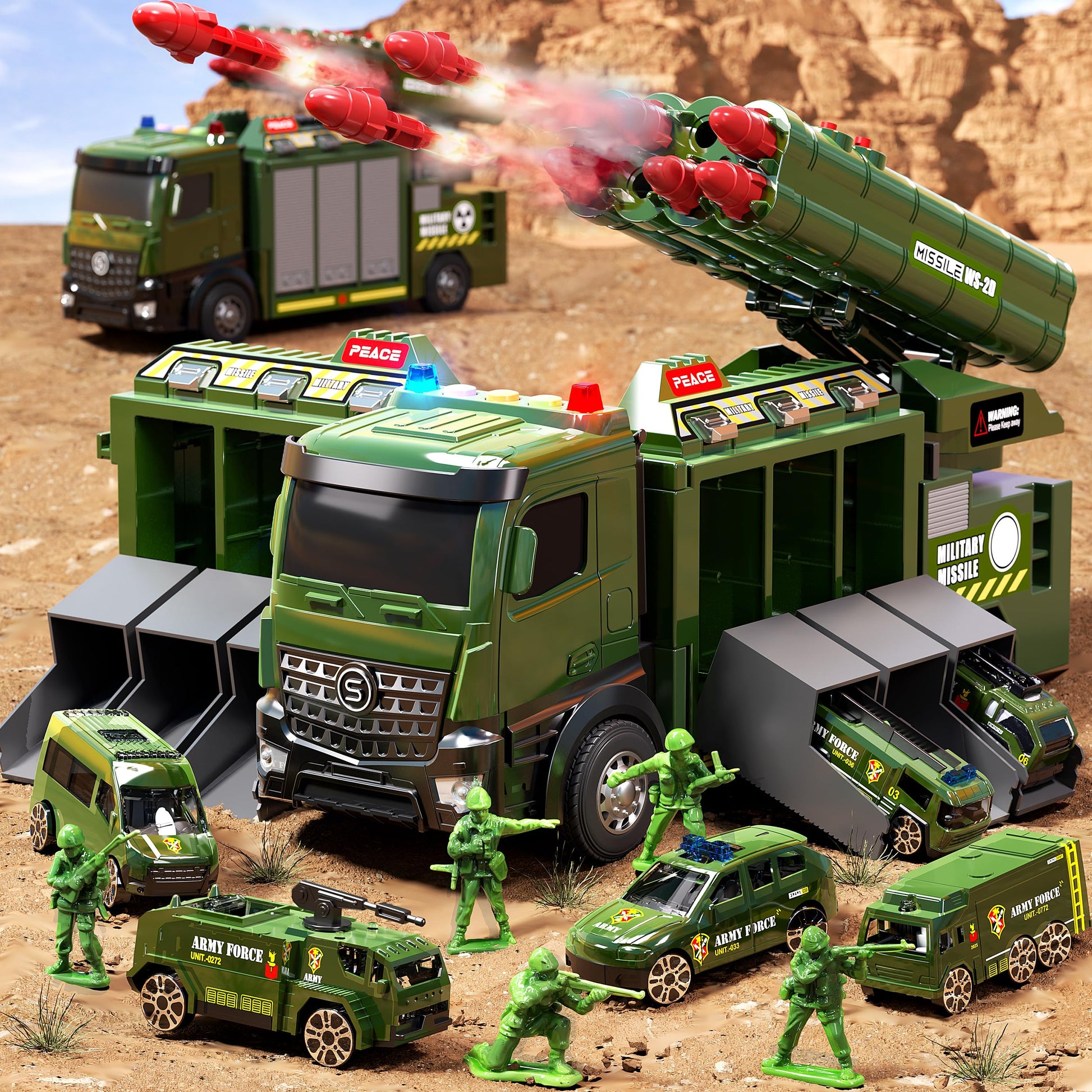 Military Truck Toys for 3 4 5 6 Year Boy - 12.8 Transforming Army Toys with 8 Launchable Missiles, 12 Soldier Figures & 6 Alloy 