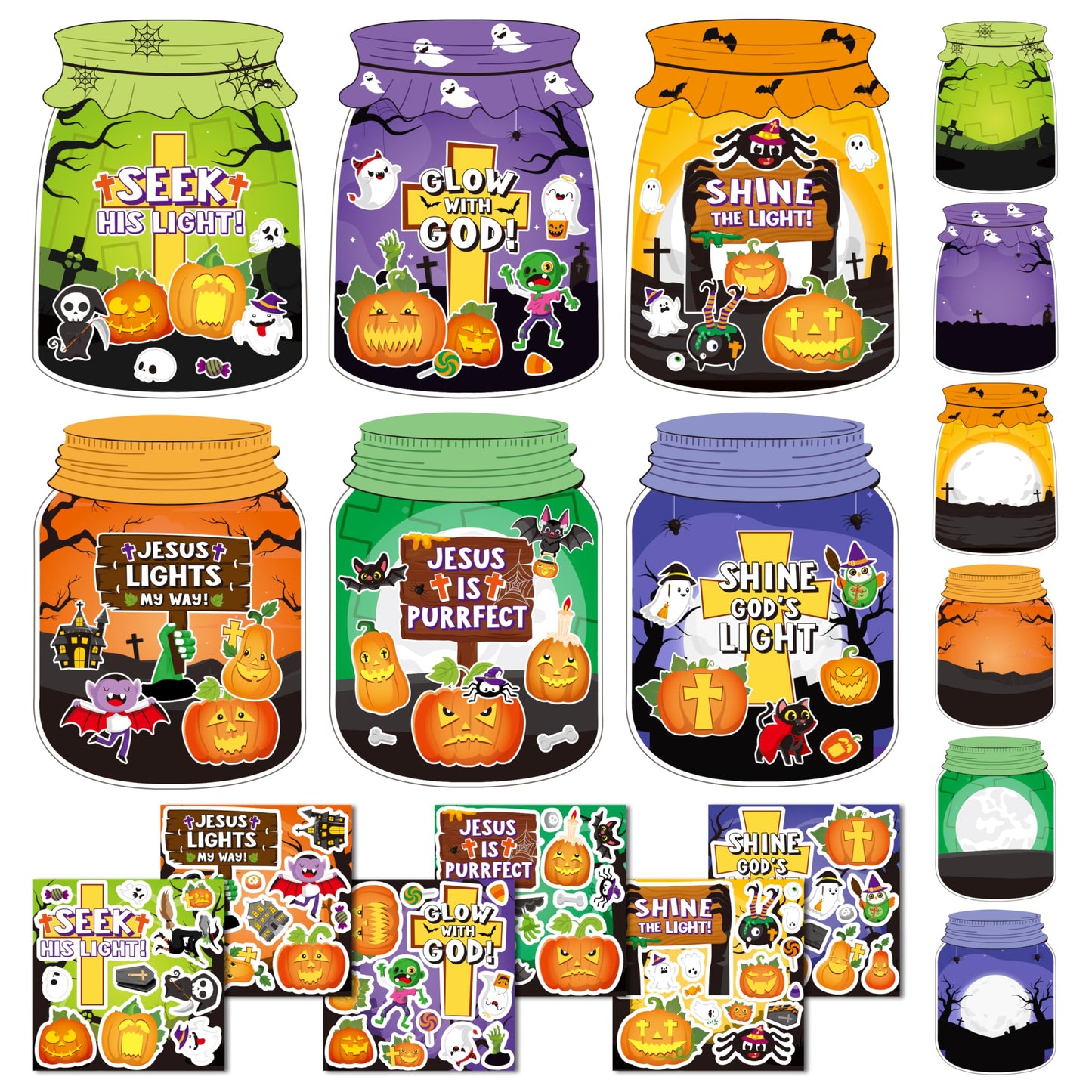 Cy2Side 12 Set Halloween Jesus Cross Stickers Scene For Kids, Make A Halloween Ghost Jar Sticker Scene With Pumpkin Witch, Make Your Own Jesus Light Stickers With Jar Scene, Diy Halloween Party Games