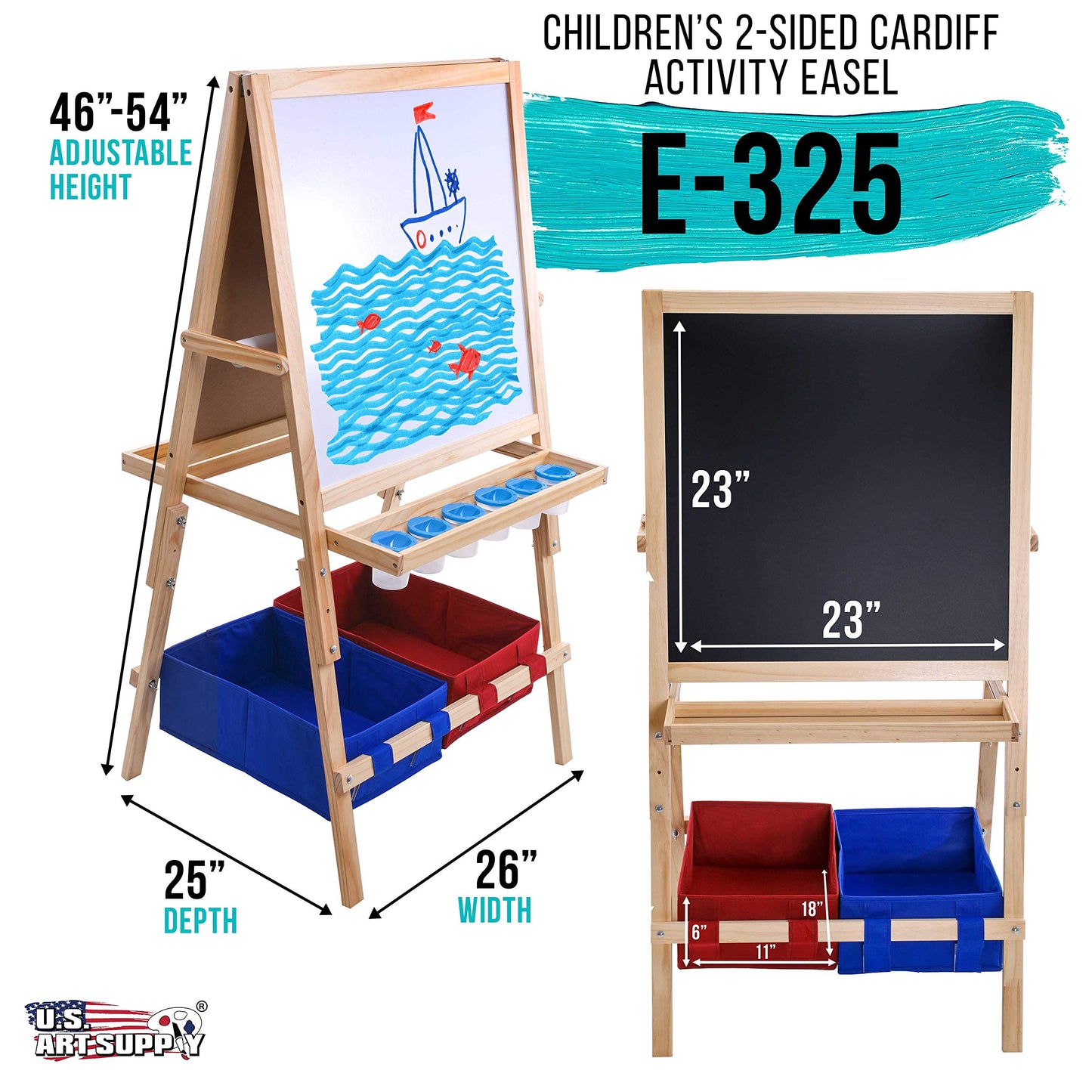 Us Art Supply Cardiff Children'S Art Activity Easel With Easel Paper Roll, 2 Large Storage Bins And Now 6 No-Spill Child'S Paint