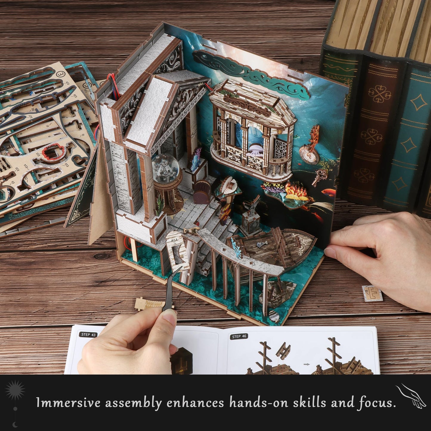 Book Nook, Diy Book Nook Kits For Adults, Ocean Adventure 3D Wooden Puzzle Bookend Bookshelf Insert Decor With Led Light, Book N