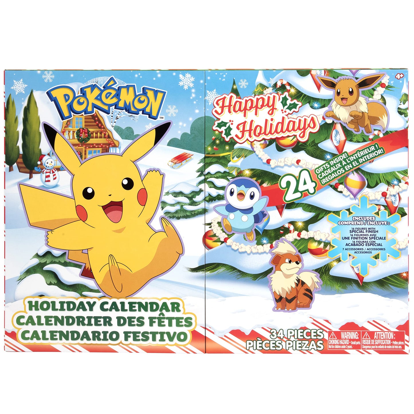 Pokemon Holiday Advent Calendar for Kids  24 Piece Gift Playset - Set Includes Pikachu  Eevee  Jigglypuff and More - 16 Toy Character Figures & 8 Christmas Accessories - Ages 4+
