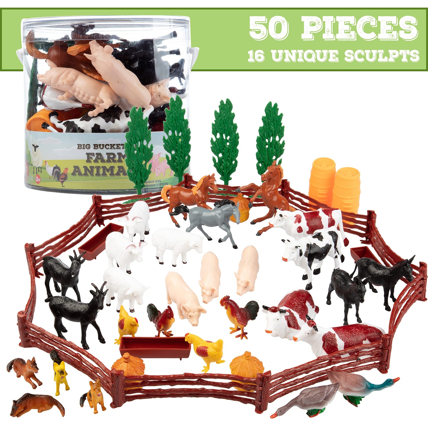 Farm Animal Toy Action Figure 50pc Set - Different Barnyard Animals & Accessories Including Horses, Chickens, Sheep & More - Gre
