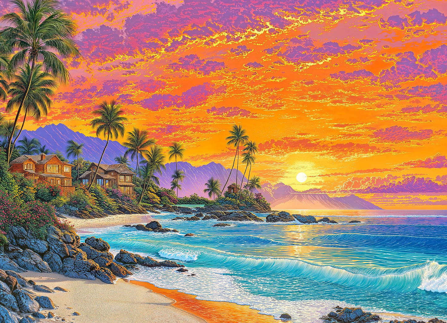 Lucky Puzzles - Sunset Bliss by The Sea - 1000 Piece Jigsaw Puzzle for Adults | Tropical Beach Sunset Artwork | Challenging Puzz