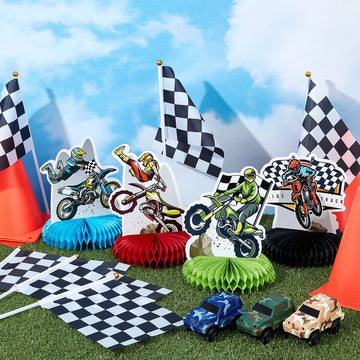 9 Piece Cross Country Motorcycle Honeycomb Centerpiece Table Decoration Racing Theme Children Boy Birthday Party Supplies Photo Booth Props (Bright Silhouette)