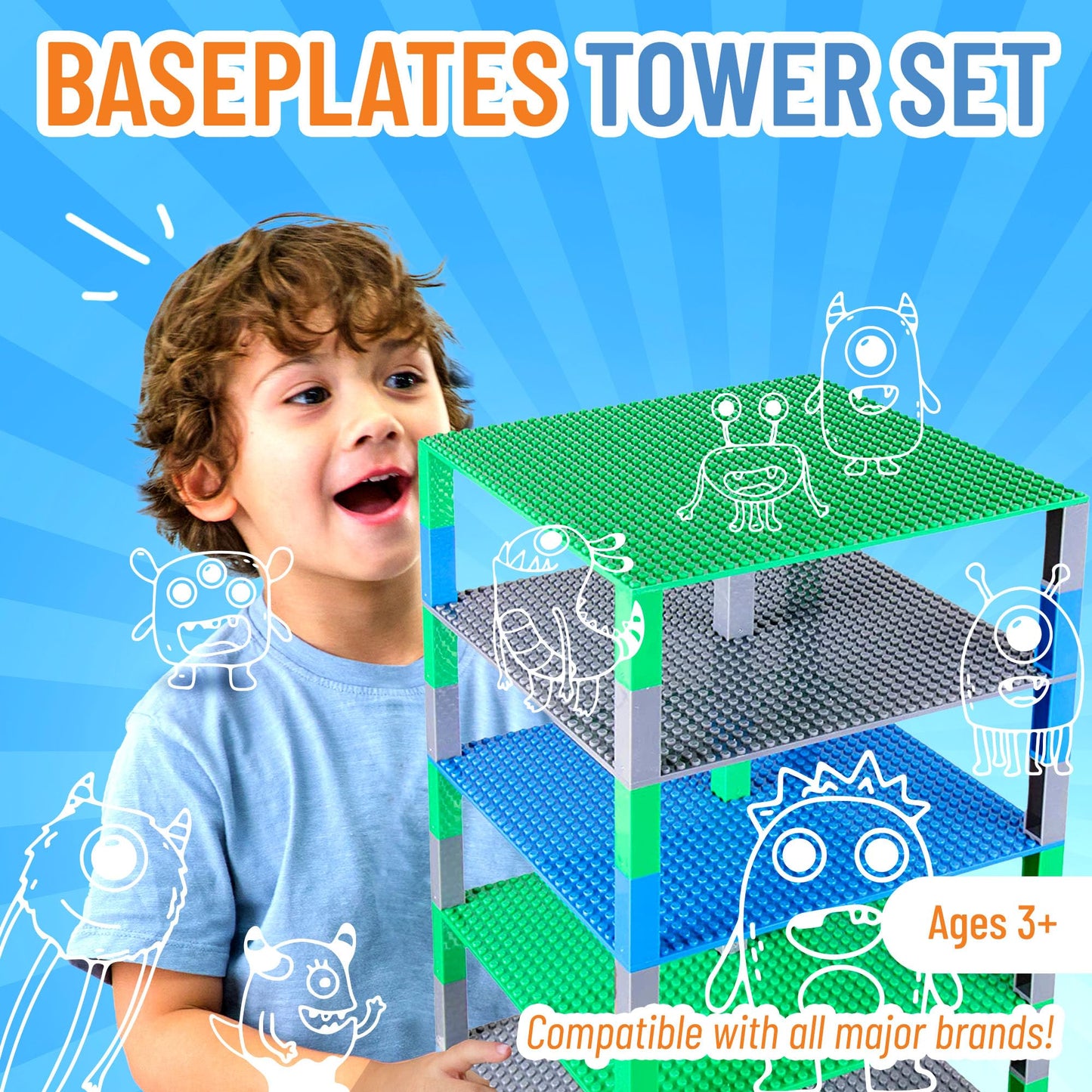 Strictly Briks Baseplate Set - 10x10 in 6 Multi-Color Plastic Baseplates - Compatible with Lego, Includes 50 Stackers, Kids Gift