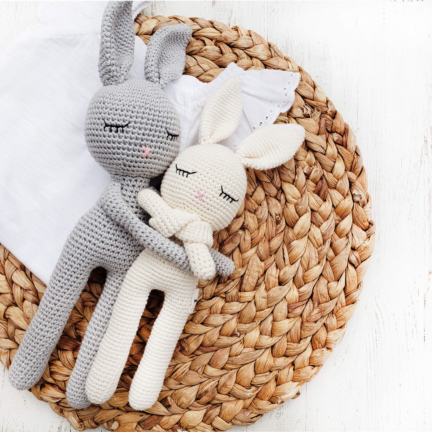 Cotton Crochet Bunny Doll Rattle Sleepy Head Bunny Toy | 13 Inch Baby First Stuffy Amigurumi Buddy Security Blanket Newborn Photo Prop (Gray Sleepy Bunny)