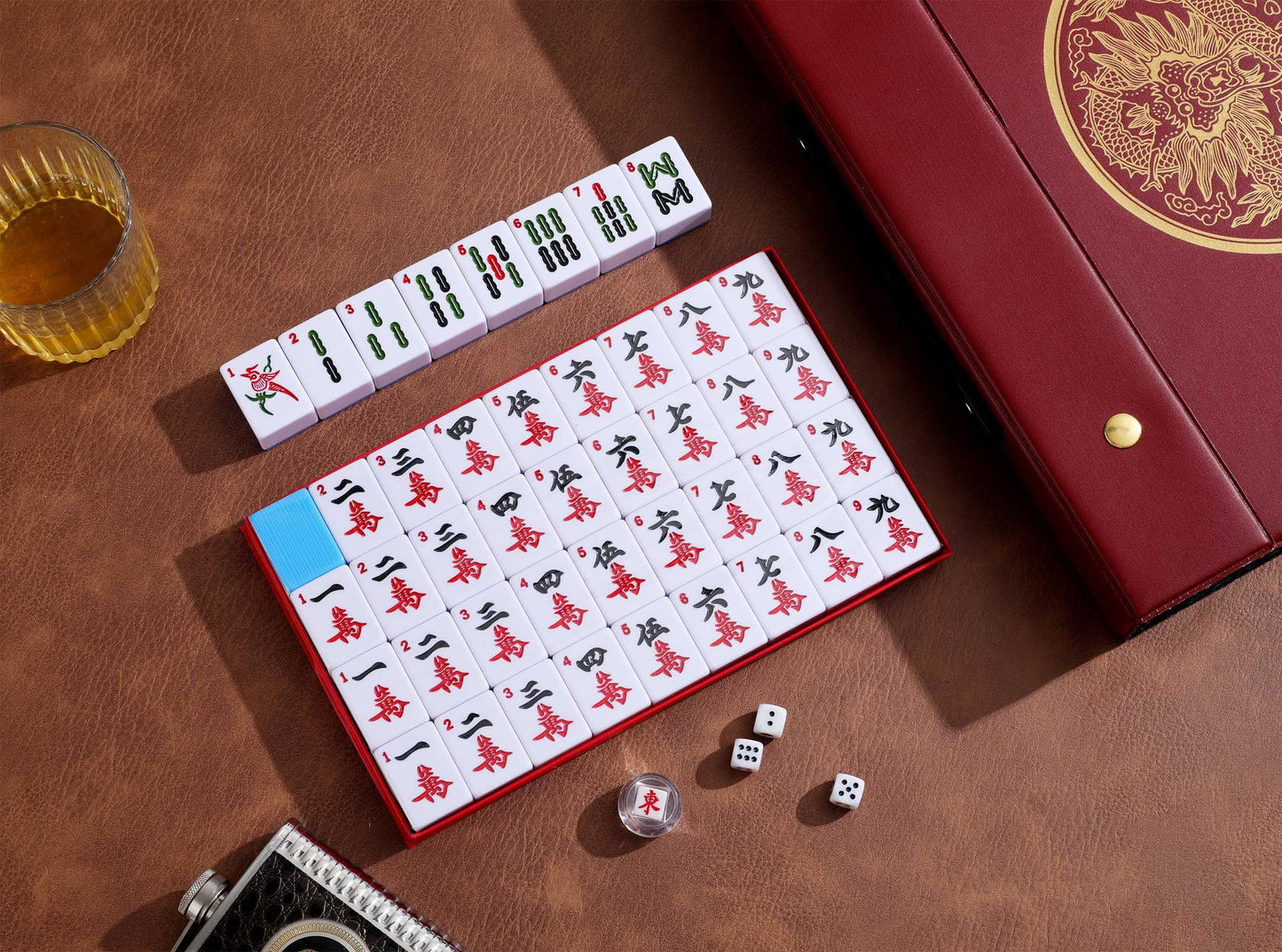 Mose Cafolo Mahjong Game Set - X-Large 1.5" White Blue Melamine Tiles with Travel Case