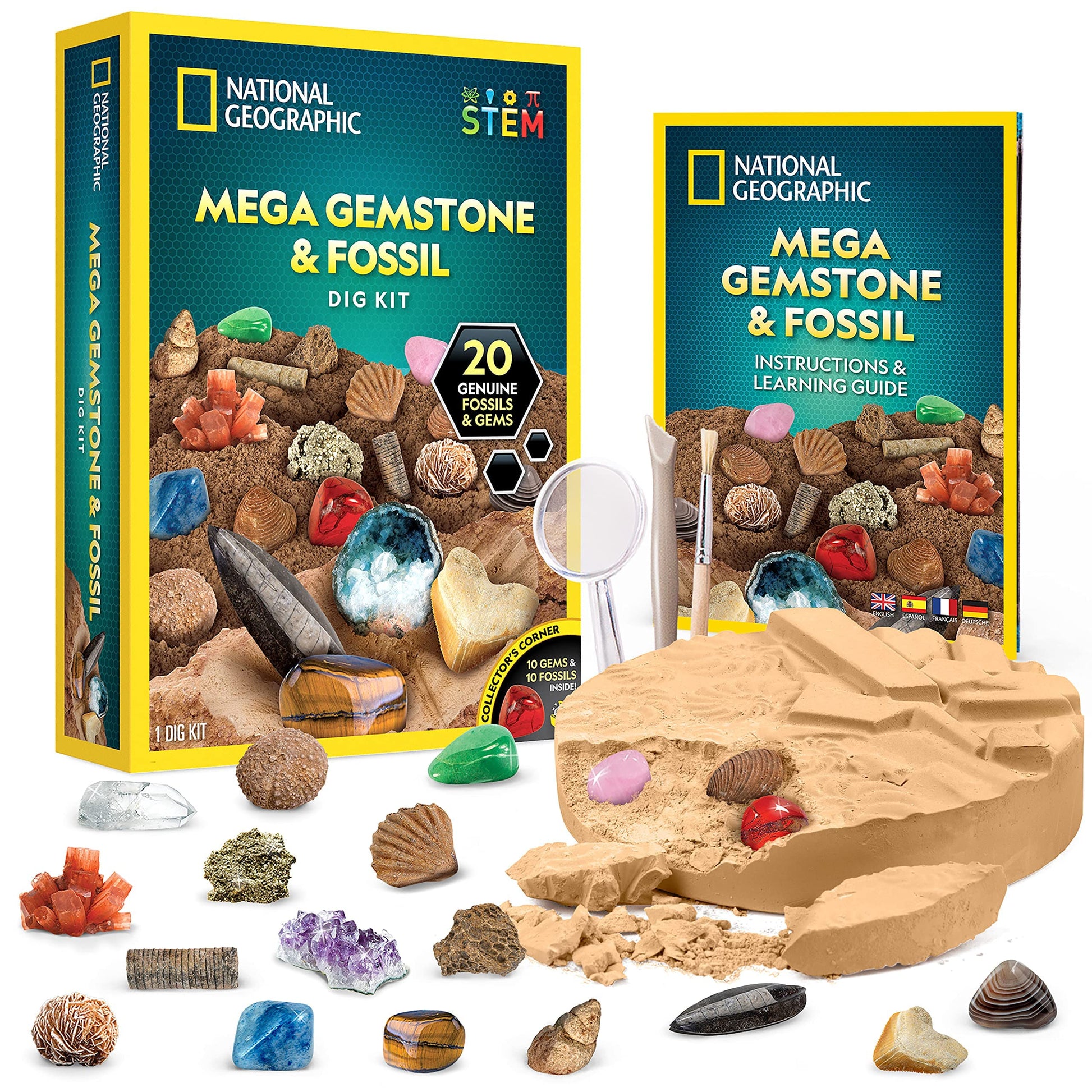 National Geographic Mega Fossil And Gemstone Dig Kit - Excavate 20 Real Fossils And Gems, Science Kit For Kids, Rock Digging Excavation Kit, Geology Gifts For Boys And Girls (Amazon Exclusive)