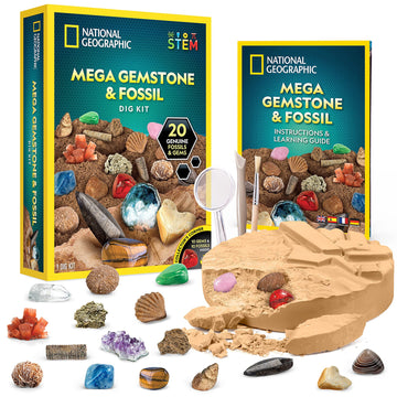 National Geographic Mega Fossil And Gemstone Dig Kit - Excavate 20 Real Fossils And Gems, Science Kit For Kids, Rock Digging Excavation Kit, Geology Gifts For Boys And Girls (Amazon Exclusive)