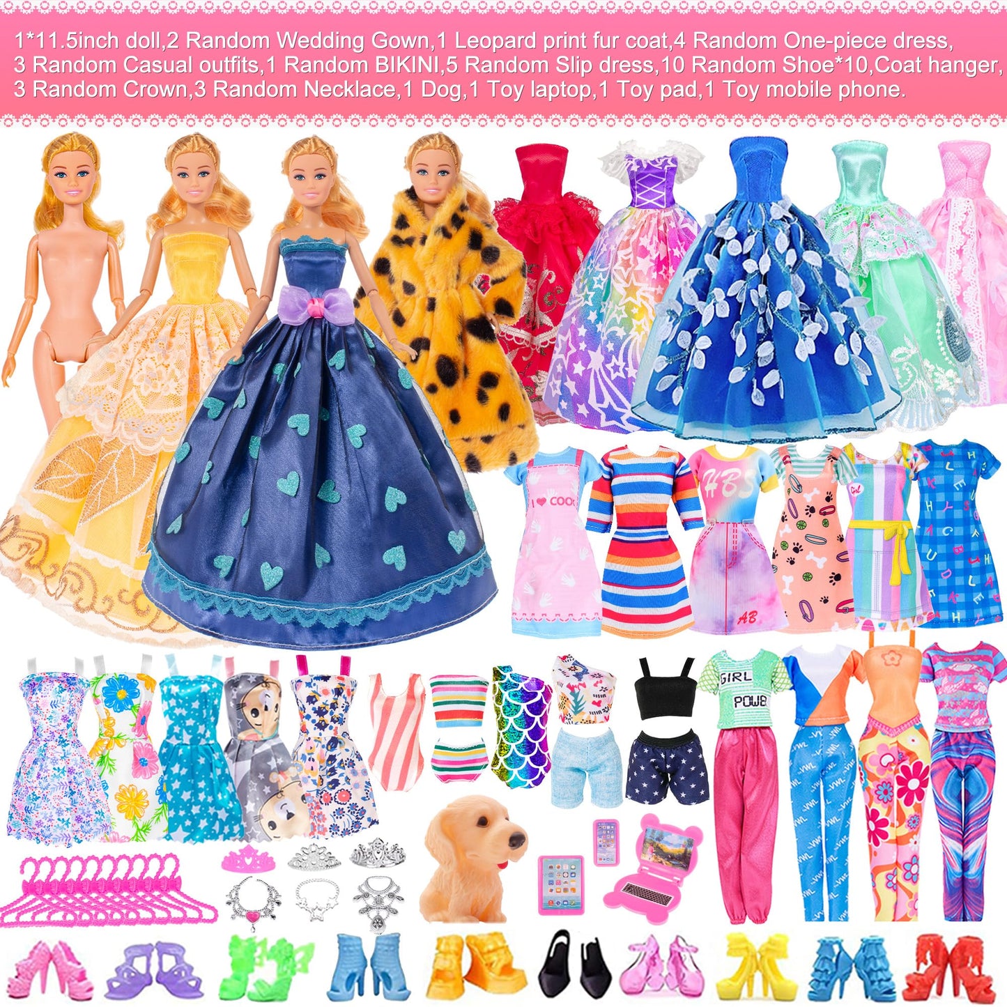 50Pcs 11.5 Inch Fashion Girl Doll With Clothes And Accessories Set Include Doll, Fur Coat, Pricess Dresses, Fashion Dresses,Slip Dress, Outfits, Bikini For Girls (Include Doll)