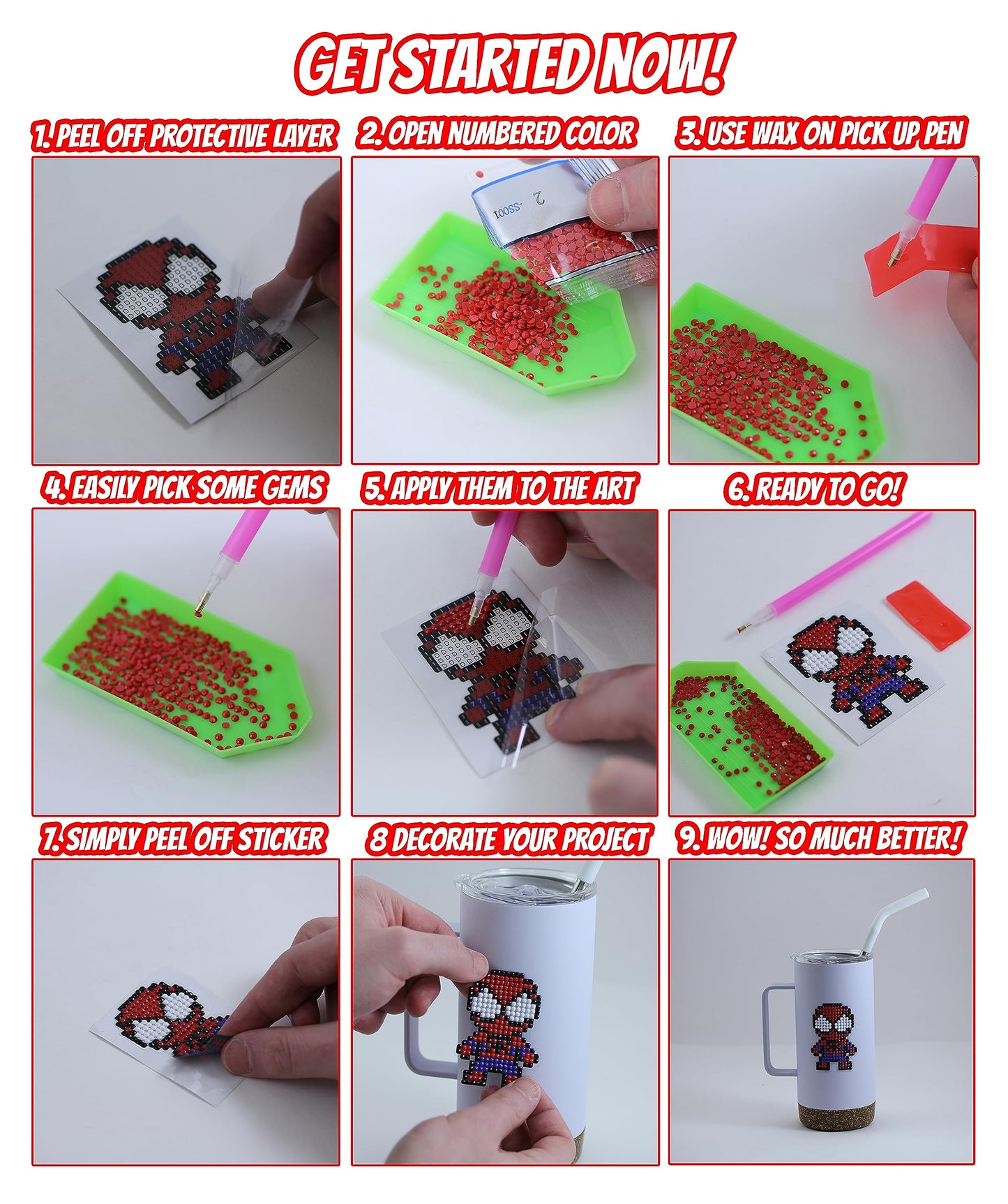 Kids Crafts Gem Art Hero Sticker Kit - Diamond Painting by Numbers with Rhinestones Fun & Easy - includes 9 Super Hero Stickers