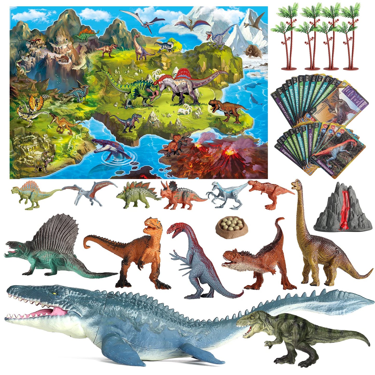 Oriate Dinosaur Toys Playset with Large Mat, 45 Pieces, Realistic Mosasaurus, T-Rex, Spinosaurus, Plastic, Great Gifts for Kids 3-7