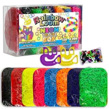 Rainbow Loom® Treasure Box Neon Edition, 8,000 Rubber Bands In 8 Different Neon Colors, And A Bonus Of 2 Happy Looms, Great Activities For Boys And Girls 7+