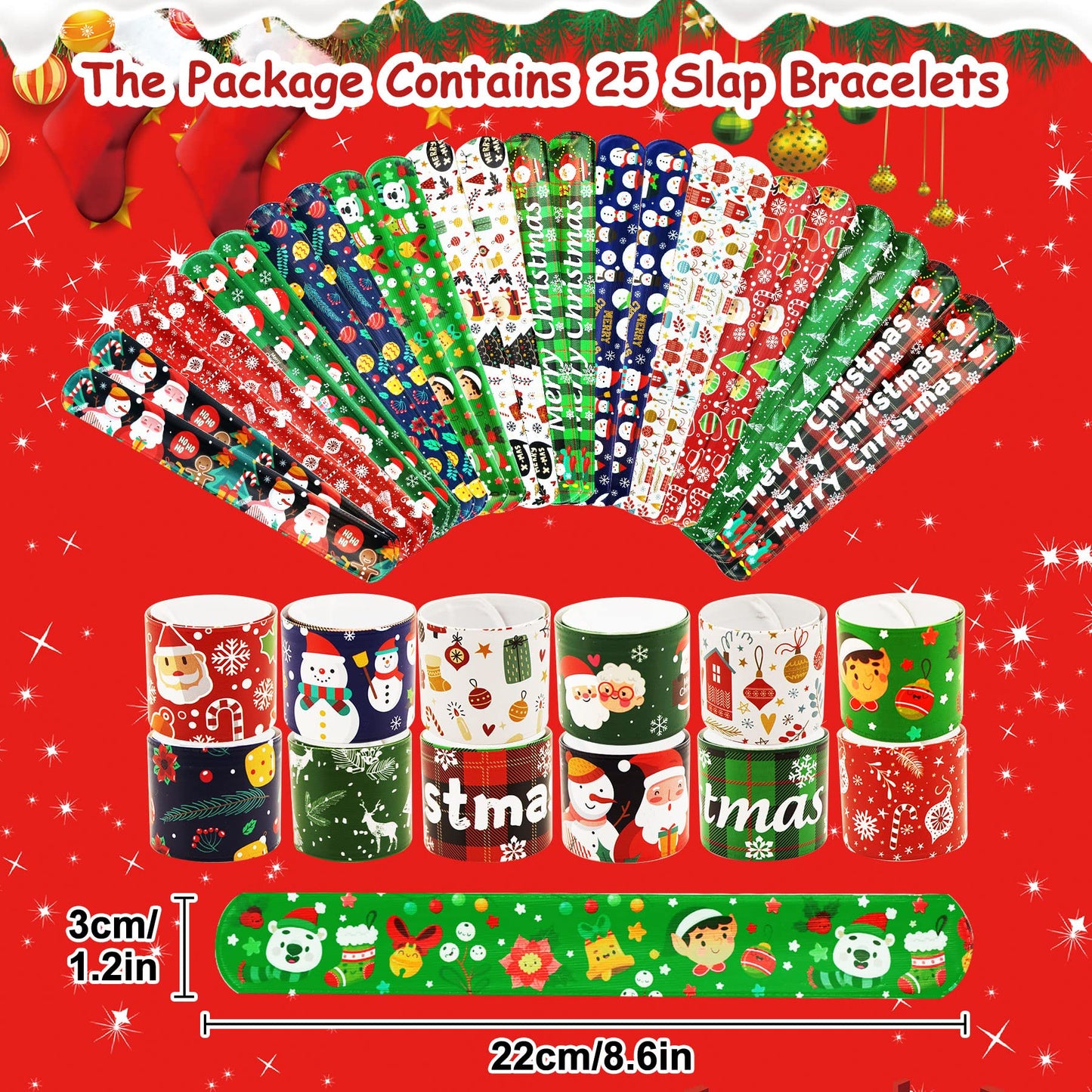 JUNEBRUSHS 50 Pack Christmas Party Favors Christmas Slap Bracelets Rubber Wristbands Assorted for Kids Slap Bands Silicone Snap