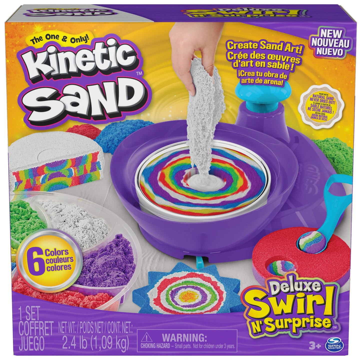 Kinetic Sand, Deluxe Swirl N Surprise Playset, 2.5lbs of Play Sand (Red, Blue, Green, Yellow, White and Purple), 4 Tools, Sensor