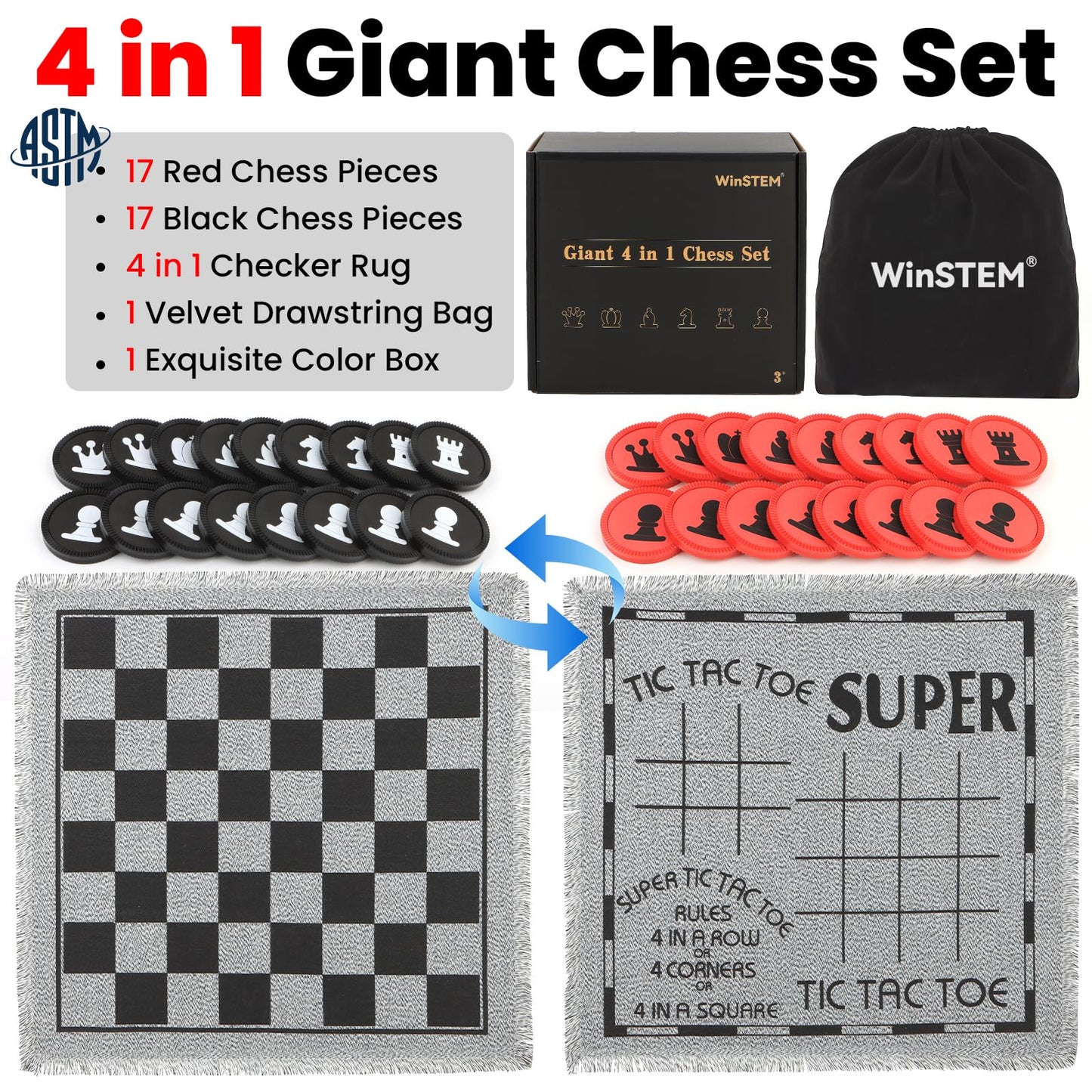 Giant 4 in 1 Chess Set Jumbo Chess & Giant Checkers & Large Tic Tac Toe  Giant Chess Board Game for Kids mature-themeds Including 2 Extra Queen Large Checkers Rug Game Mat  Indoor Outdoor Games Camping Party