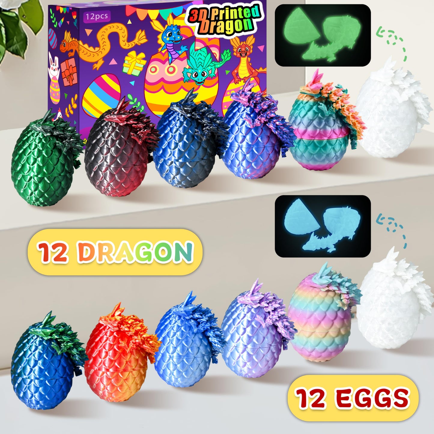 Impossmaker 12PCS 3D Printed Easter Dragon Eggs with 3D Printed Dragon Inside, Micro Easter Basket Stuffers Mini Dragon Egg Set