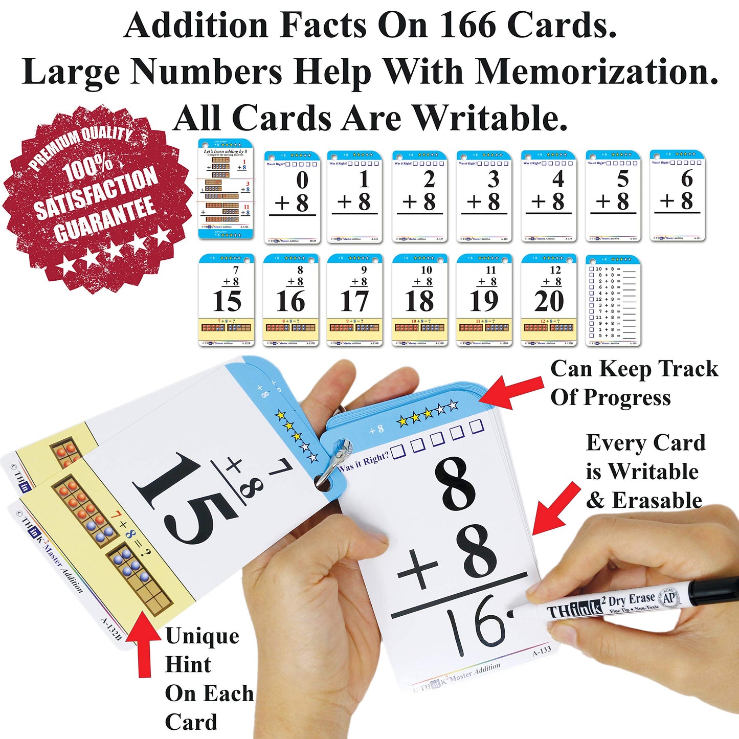 Think2Master Addition Flash Cards. Learn To Add & Subtract By Counting, Writing, Understanding & Memorizing. 260 Laminated Cards, 39 Triangle Cards, 2 Dry Erase Markers, 5 Rings & 30 Counters