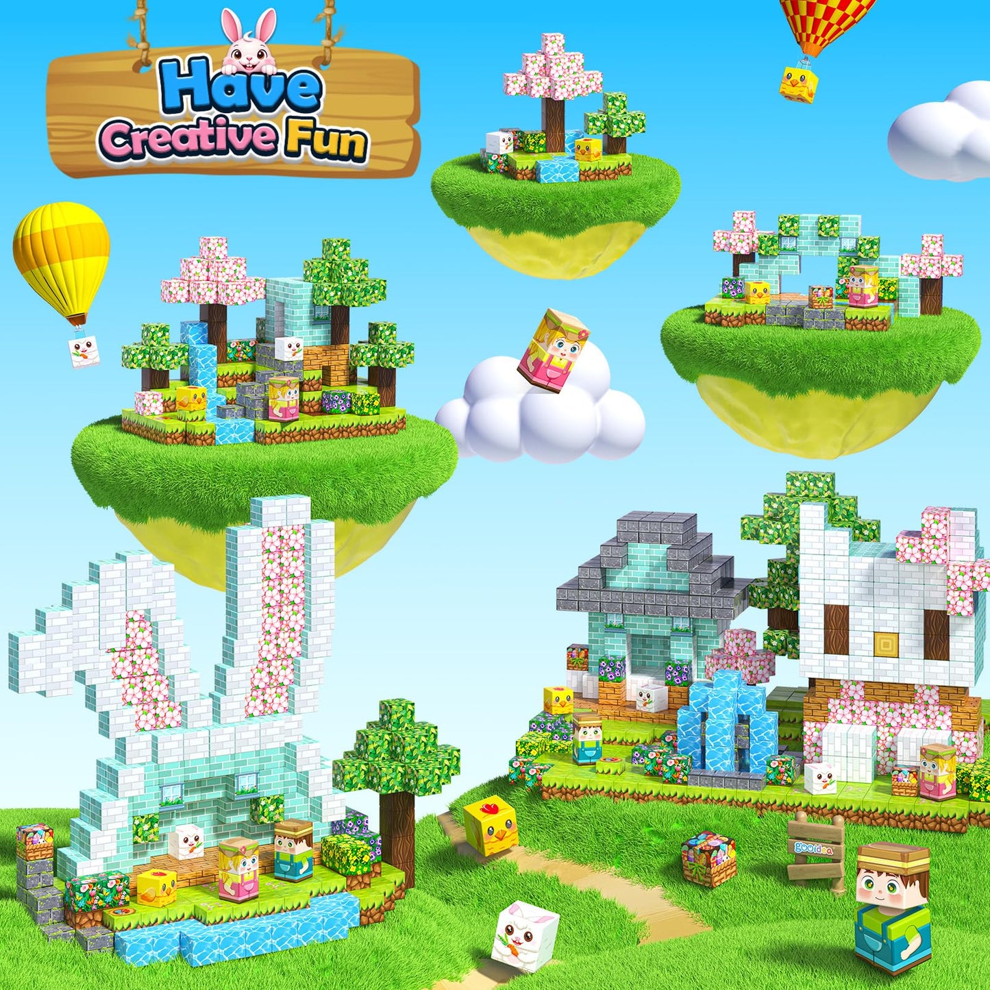 108PCS Magnetic Blocks Kids Magnet Toys, Large 1 inch Building Cubes with Puzzle Panel, Mine Magworld Easter Bunny Garden Buildi