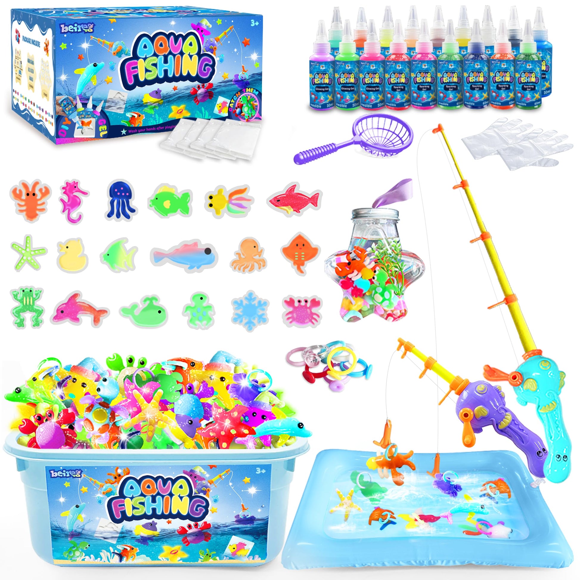 BEIREG Aqua Water Fairy Gel Kit, Magic Squishy Elf Water Toy Kit with 18 Color Gel, 18 Shape Molds, 2 Fishing Toy, Create Squish
