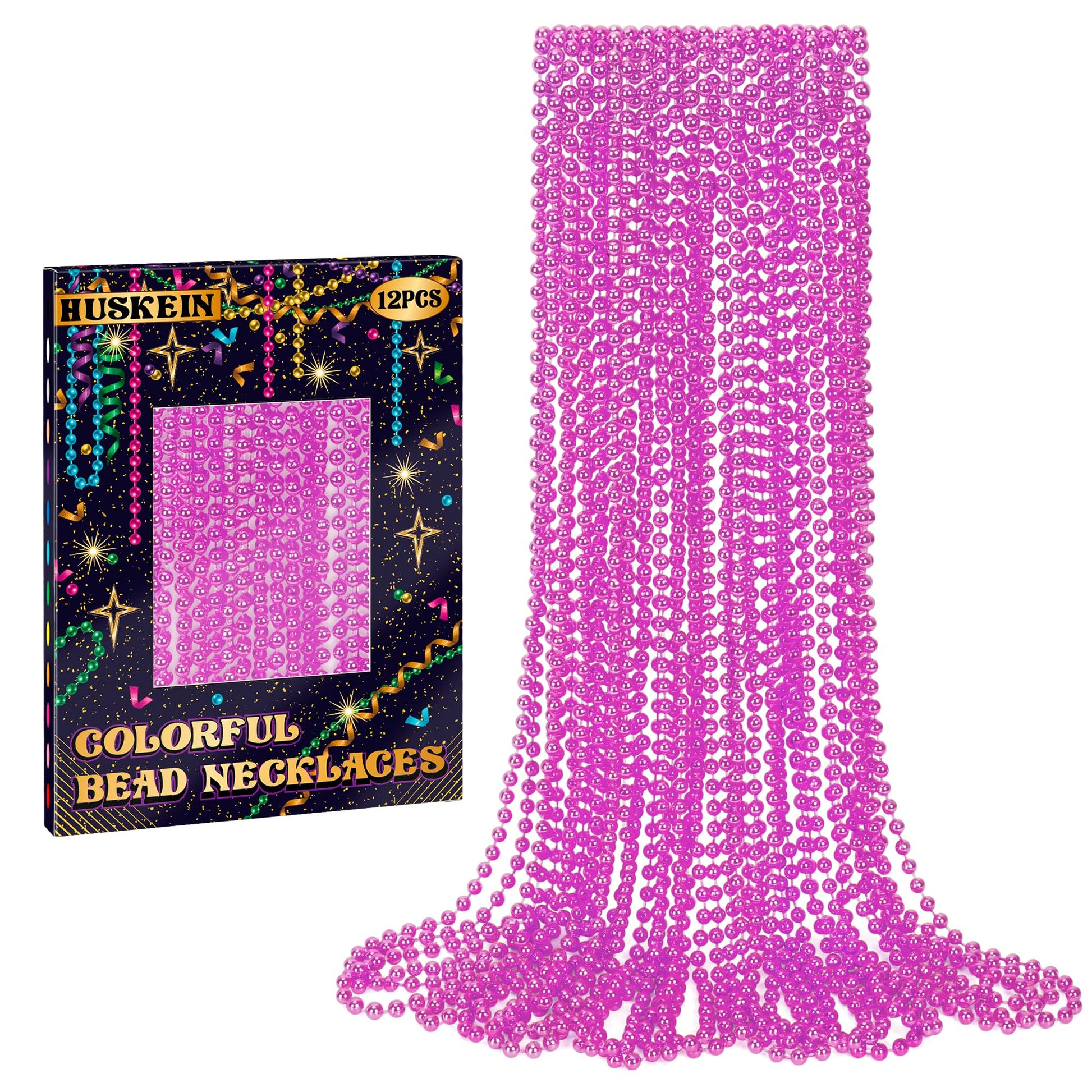 Huskein 12 PCS Pink Beads Necklaces, 33'' Mardi Gras Beads Party Favors, Festival Parade Throws Stuff, Round Beaded Necklaces Pa