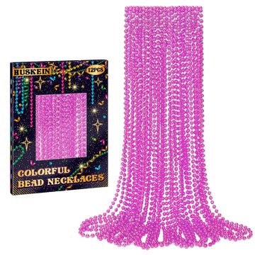 Huskein 12 PCS Pink Beads Necklaces, 33'' Mardi Gras Beads Party Favors, Festival Parade Throws Stuff, Round Beaded Necklaces Pa