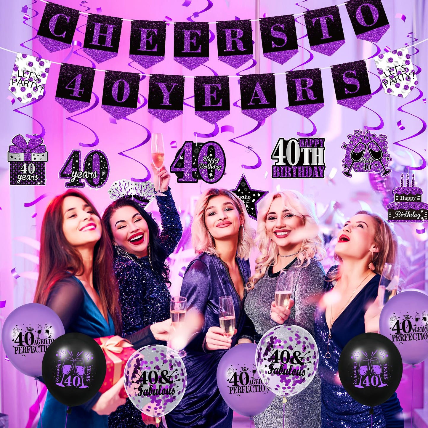 Purple 40Th Birthday Decorations For Women Men Purple Black 40Th Birthday Banner Hanging Swirls 40Th Birthday Balloons Happy 40Th Birthday Cake Topper For Purple Cheer To 40 Years Party Supplies