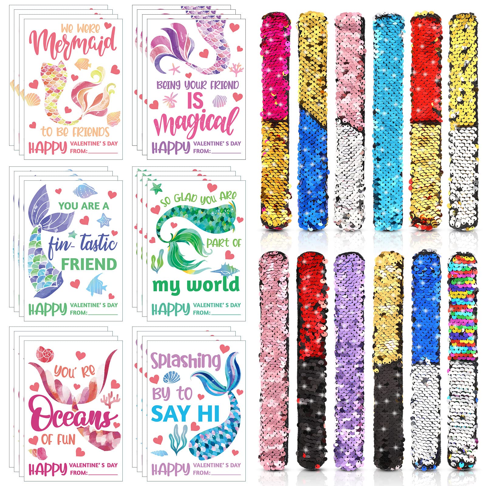 Hanaive 24 Pack Valentines Day Mermaid Sequin Slap Bracelets for Kids with 24 Mermaid Cards Reversible Sequins Slap Bracelets Wr