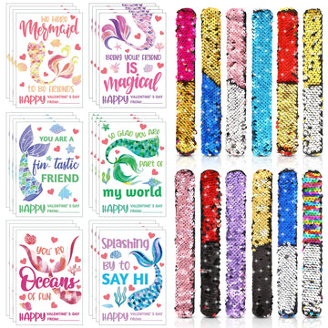 Hanaive 24 Pack Valentines Day Mermaid Sequin Slap Bracelets for Kids with 24 Mermaid Cards Reversible Sequins Slap Bracelets Wr