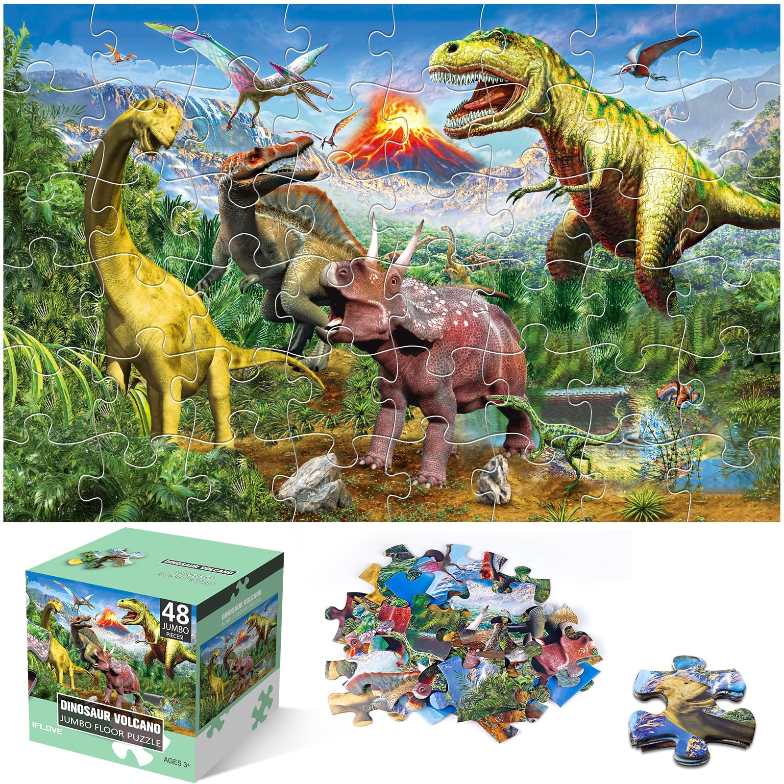 Jumbo Floor Puzzle for Kids,48 Piece Volcano Dinosaur Large Jigsaw Puzzles, Fun Educational Toy for Toddlers Ages 3-5,Preschool 