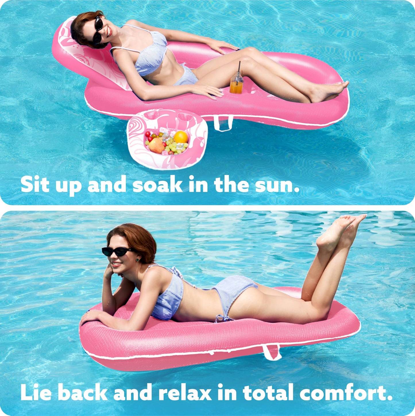 SLOOSH Pool Floats Lounger mature-themed  Fabric Pool Floaties Lounge Convertible 2-in-1 Floating Water Floaty with Cup Holders Adjustable Backrest Recliner for Pool Party (Pink)