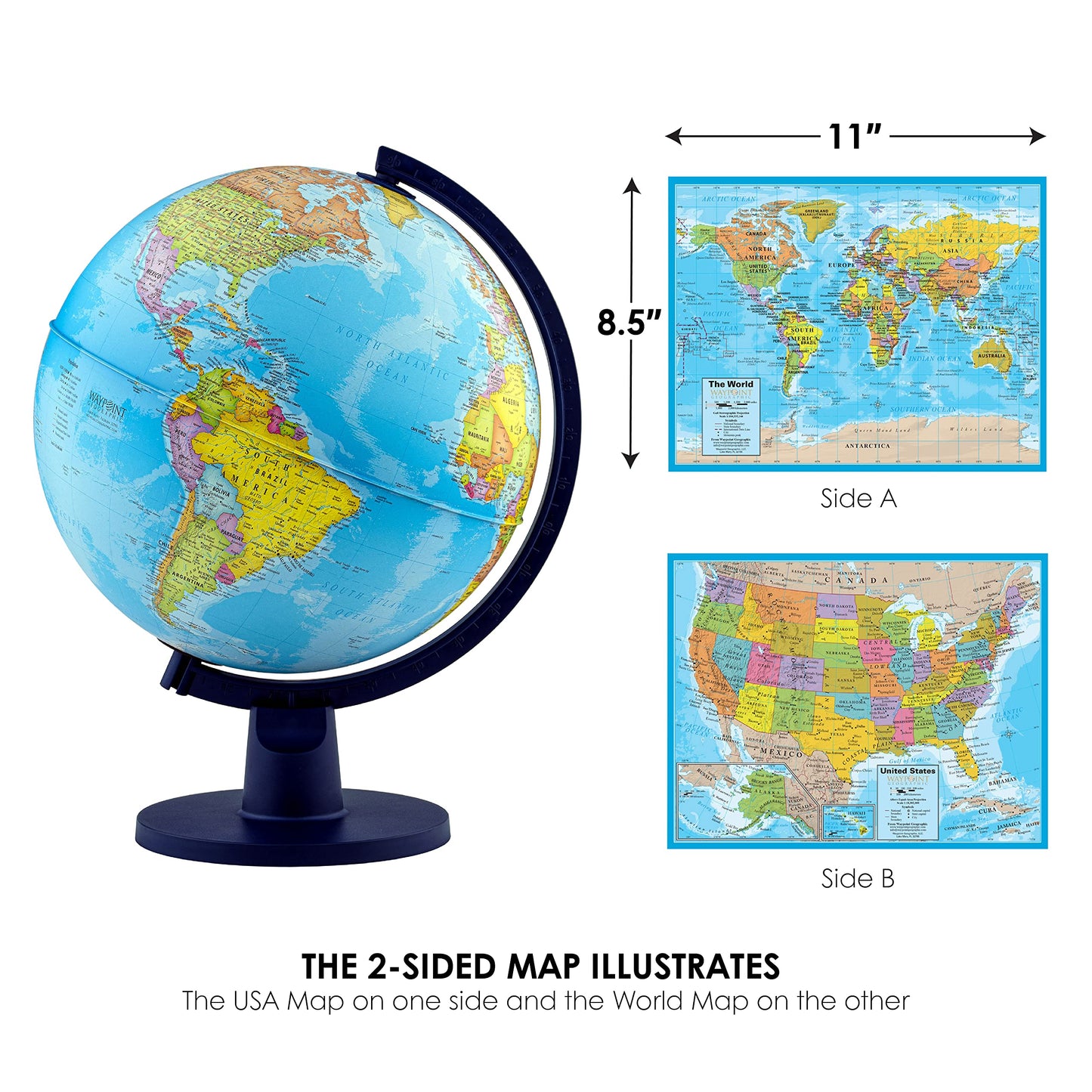 Waypoint Geographic Scout+ With Map, World Globe For Kids, Decorative Classroom Globe With Stand, More Than 4000 Places, 12” Interactive Globe, Bonus Map Included, Blue