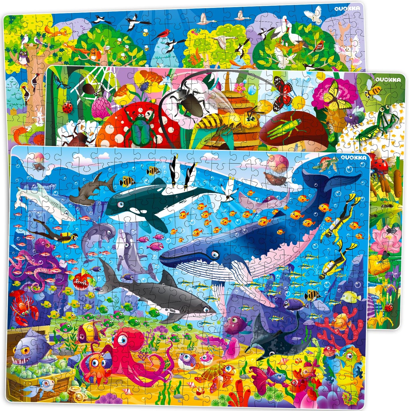 Quokka 300 Pieces Puzzles For Kids Ages 8-10 - 3X Set Floor Jigsaw Puzzles - Toy For Learning Ocean & Vimel & Bugs For 10-12 Year Old – Jigsaw Educational Game Gift For Boys And Girls