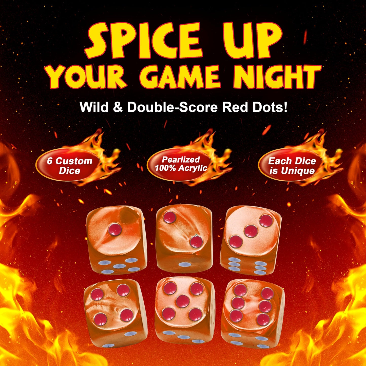 Spicy Dice Orange: The Ultimate Family Dice Game - Pearlized Colored Dice With Cheat Sheet And Silkscreened Pouch For Strategic