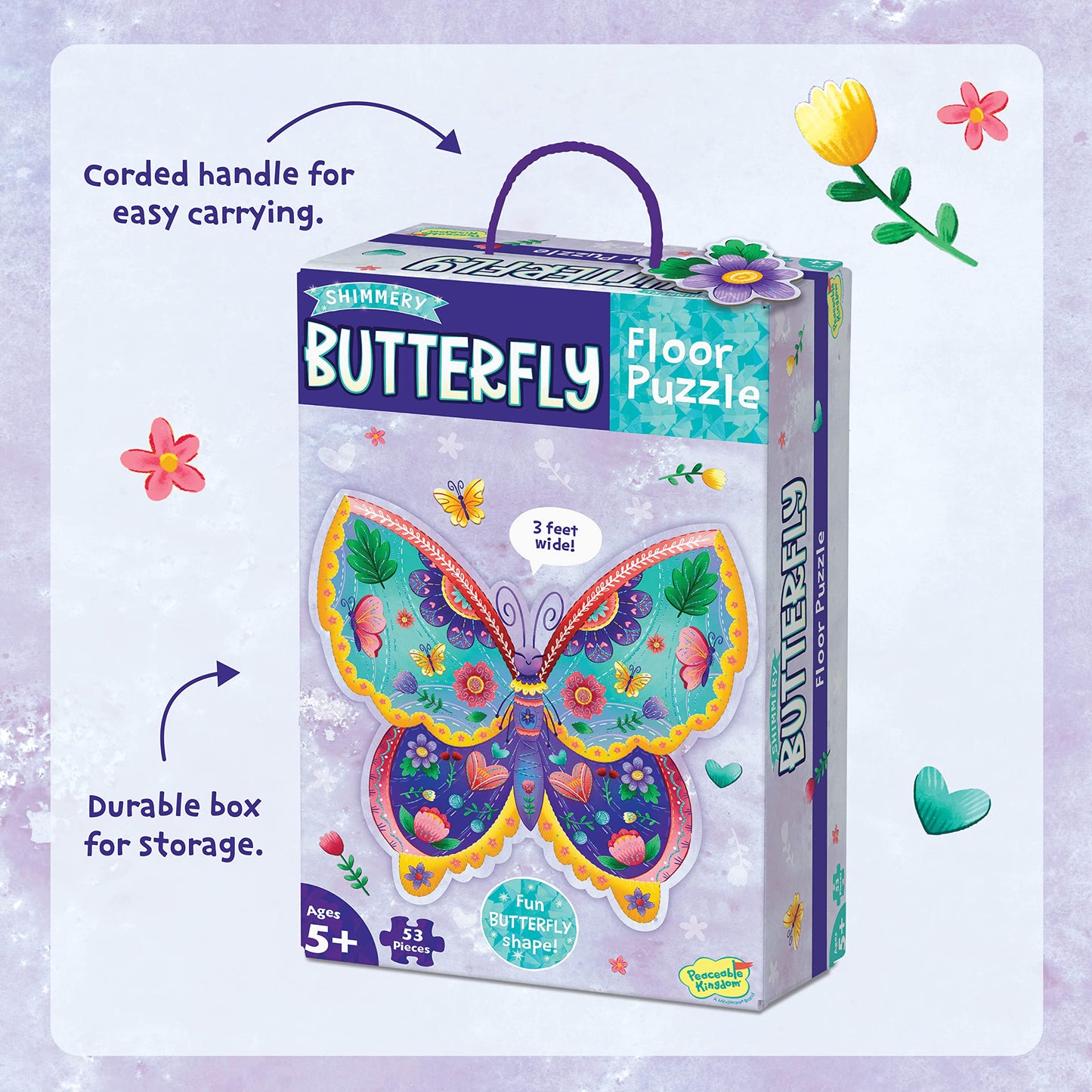 Peaceable Kingdom 53-Piece Shimmery Butterfly Floor Puzzle for Kids – Durable Berry Puzzle Pieces – Ideal for Classrooms, Ages 5 & Up
