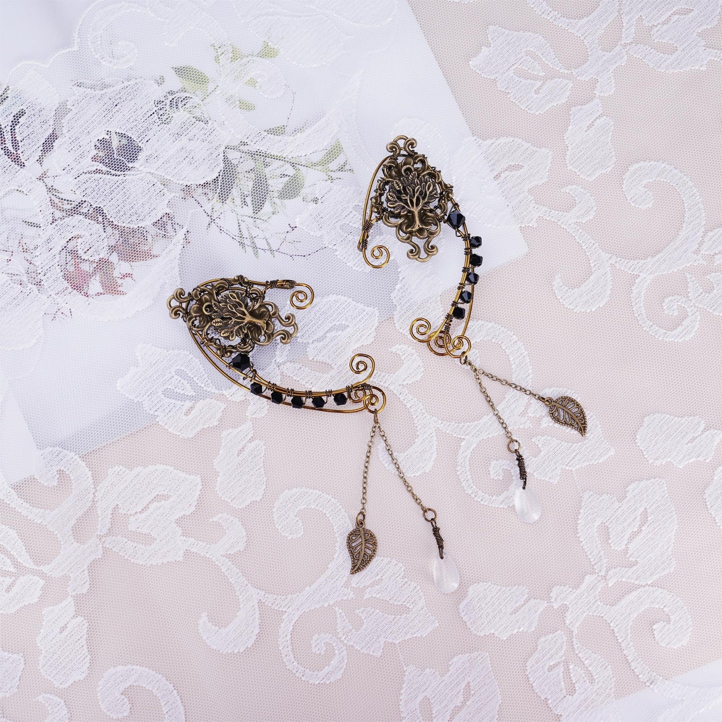 Renaissance Fairy Elf Ear Cuffs - Handmade Vintage Bronze Tree Elf Earrings With Black Crystal Non Piercing Metal Ear Clip Elven Ear Wraps For Women Christmas Halloween Renfaire Party Accessories