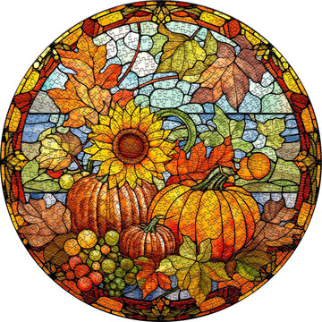 Stained Glass Puzzles For Adults,Halloween Thanksgiving Puzzle, Pumpkin Sunflower Puzzles Autumn, Fall Puzzle 1000 Pieces, Round Hard Impossible Challenging Jigsaw Puzzles