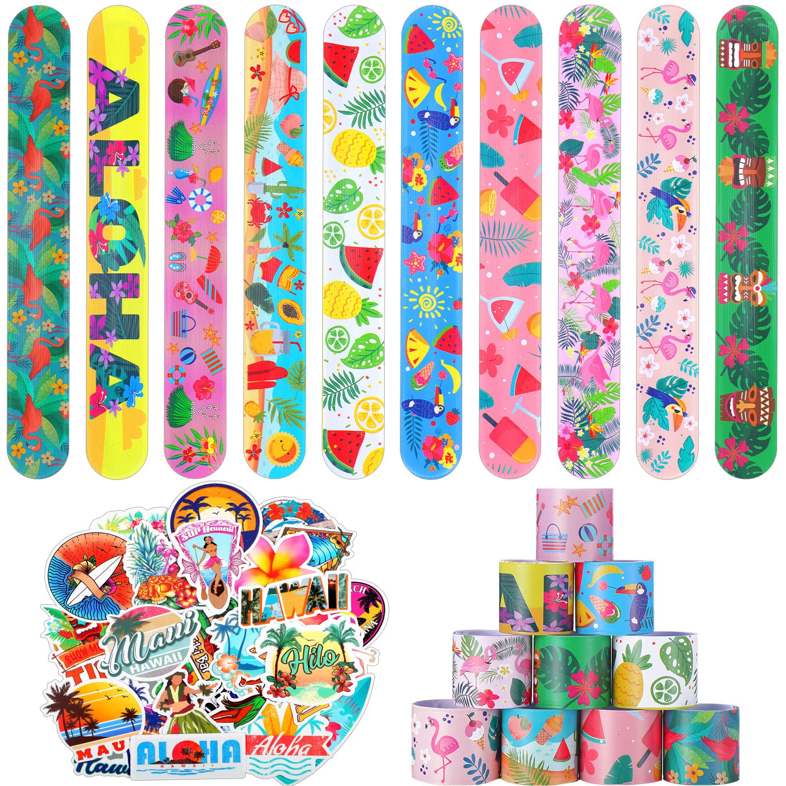 40 Pieces Hawaiian Theme Slap Bracelets with 50 Pieces Hawaii Stickers Summer Hawaii Snap Bracelet for Adult Luau Tropical Gifts