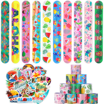 40 Pieces Hawaiian Theme Slap Bracelets with 50 Pieces Hawaii Stickers Summer Hawaii Snap Bracelet for Adult Luau Tropical Gifts