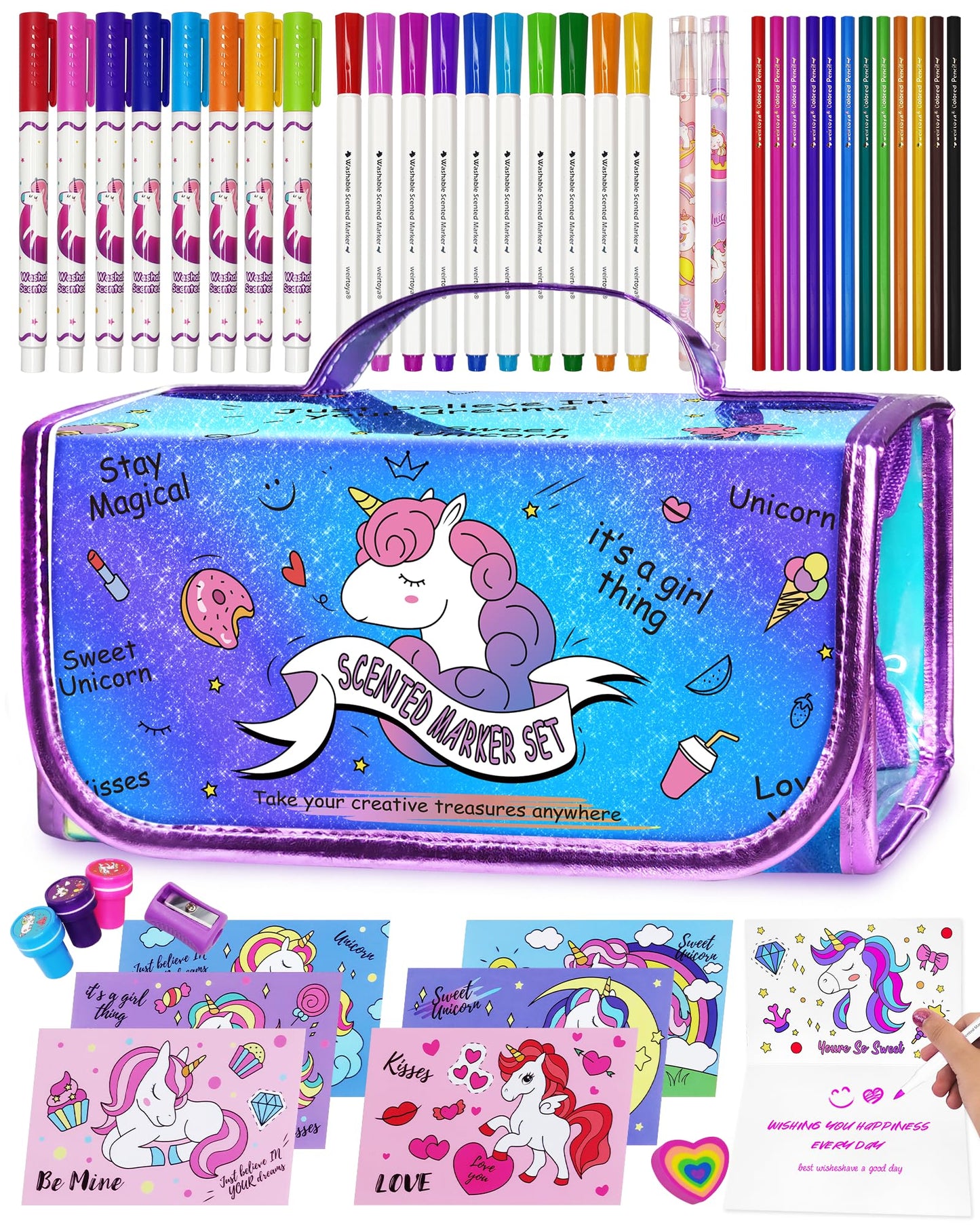 Weirtoya Washable Fruit Scented Markers Set With Unicorn Pencil Case Stationery Set Stem Toys Unicorns Gifts For Girls Birthday