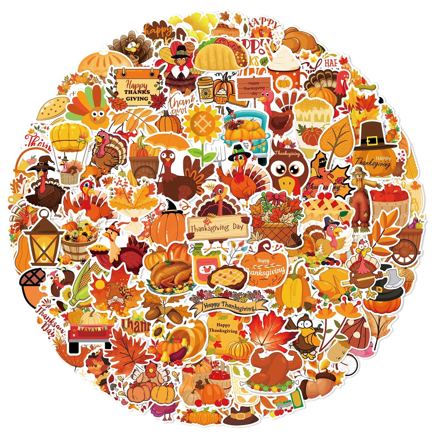 Xzentira 100 Pcs Thanksgiving Stickers Fall Cute Waterproof Vinyl Gift Stickers For Water Bottles, Cards, Scrapbooking, Happy Th