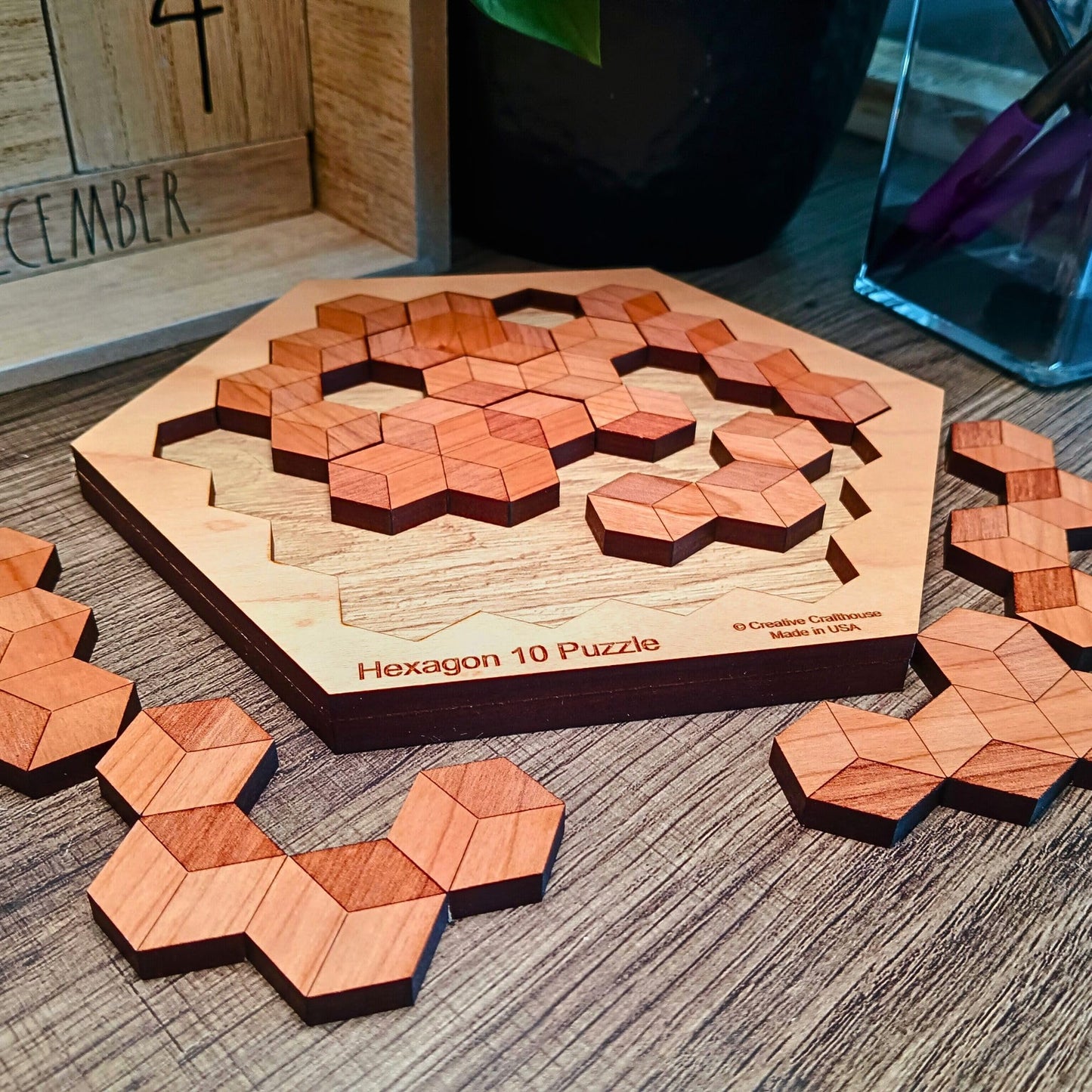 Hexagon 10 Wood Puzzle Brain Teaser, 20 Solutions, USA Made Logic Game